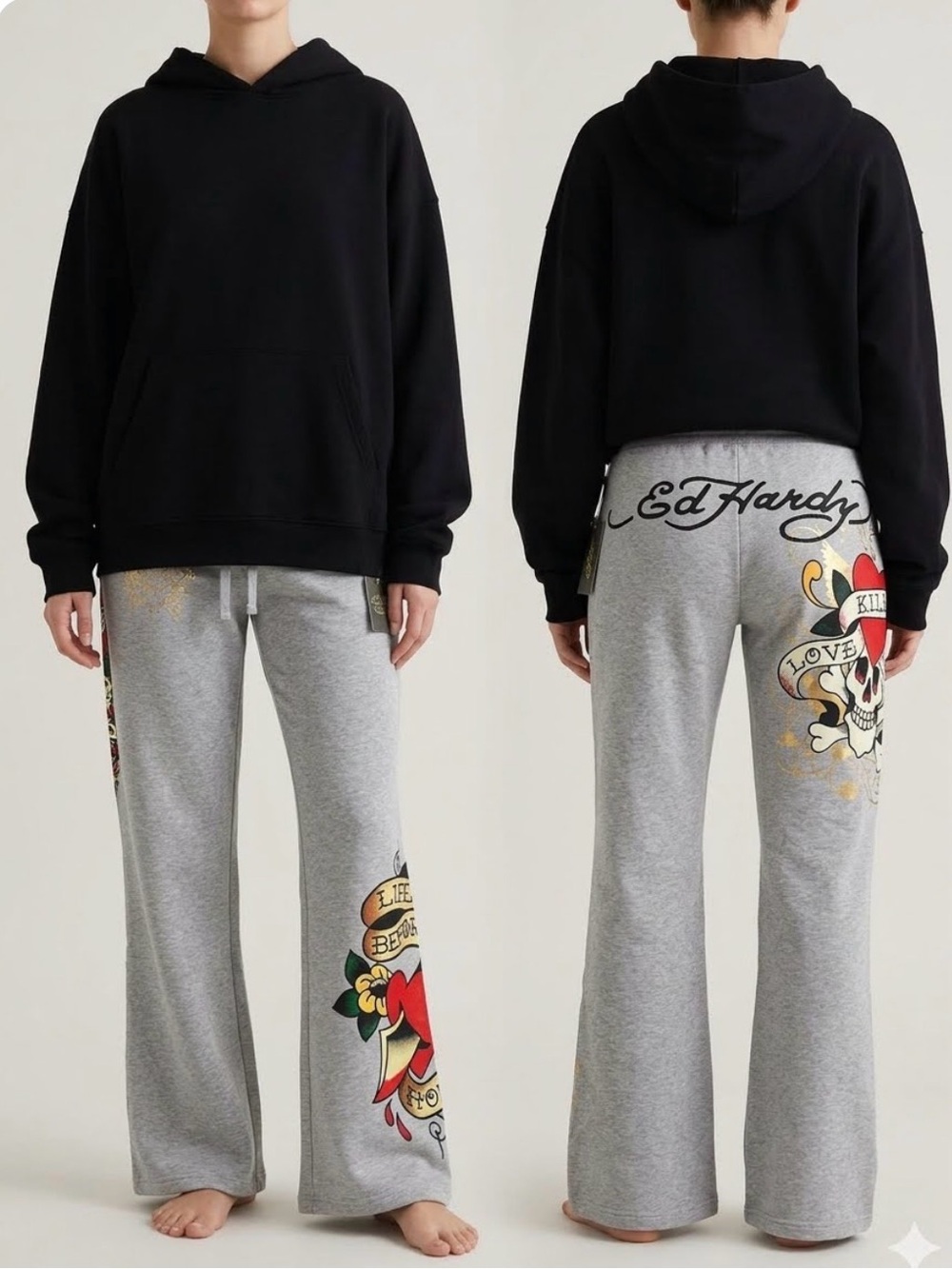 NWT Ed Hardy Heart of Roses Flare Sweatpants Heather Grey Y2K Size L